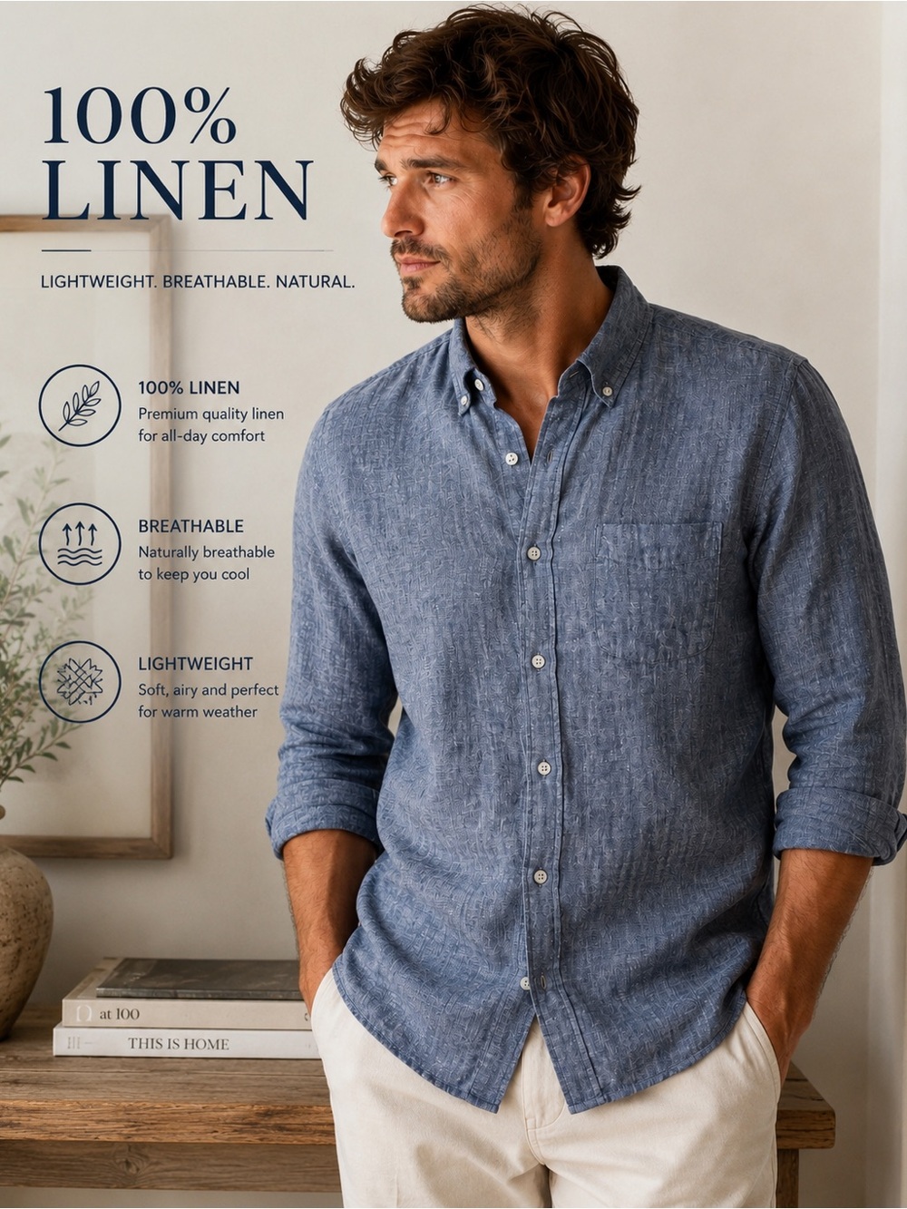 Touch Linen 100% Linen Shirt XL Made USA Blue